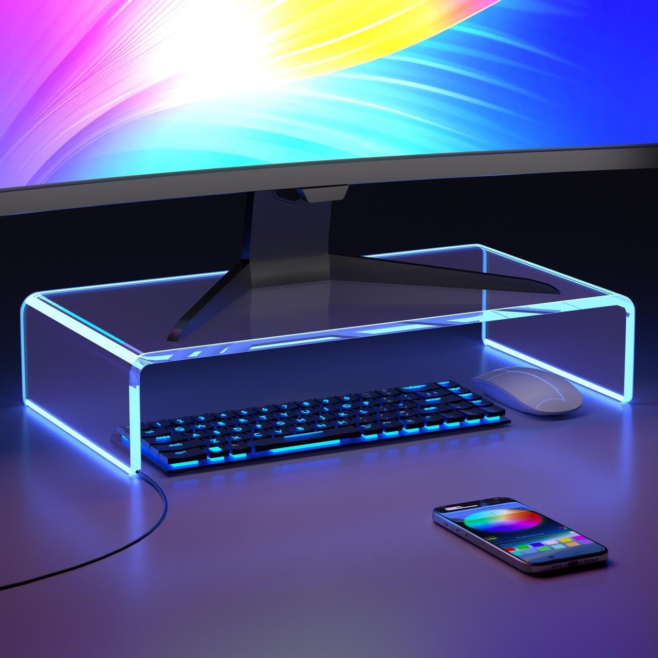 Acrylic Computer Monitor Stand Riser - Gaming Monitor Stand with LED Strip Light, Desk Shelf for Monitor, Clear Monitor Stand for Home Office, Laptop Stand with Storage, Desktop Décor, Clear